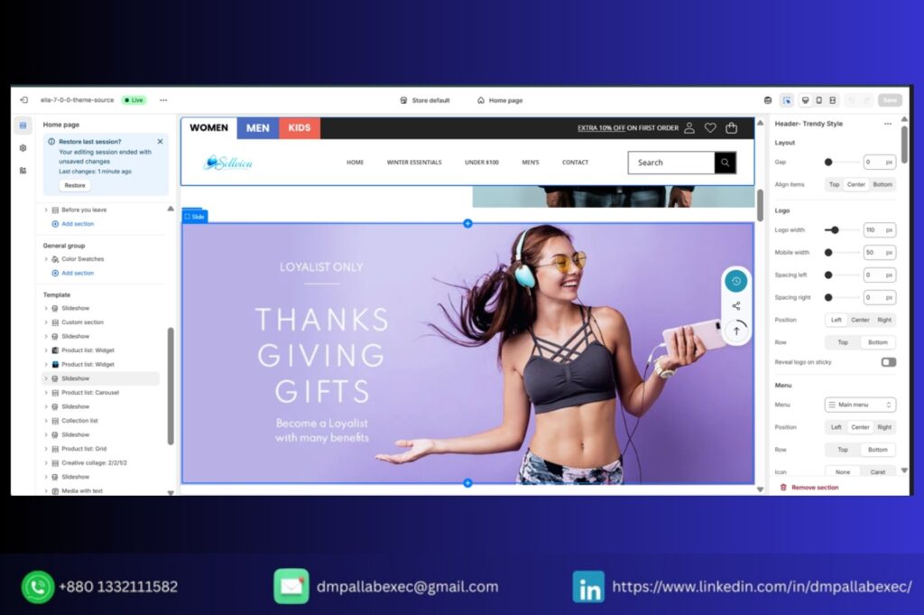 Shopify store design project showing homepage and product page layout